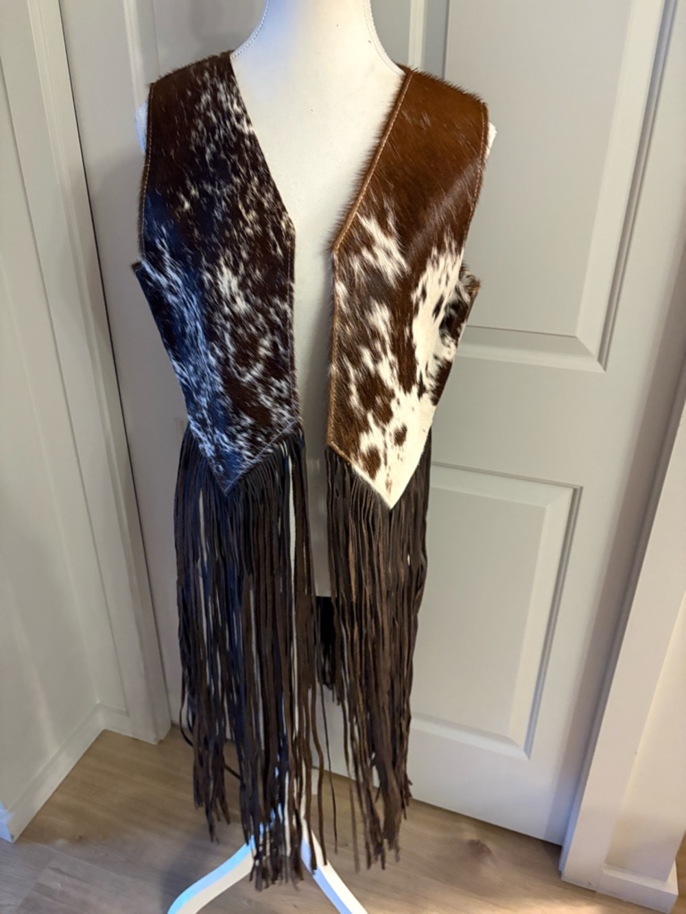 Cowhide Fringe Vest in Brown and White